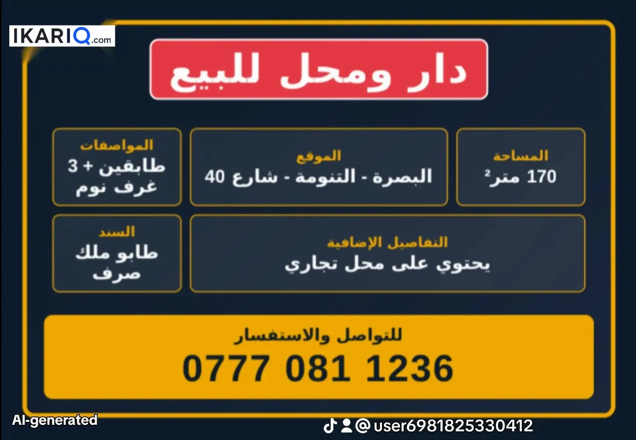دار للبيع في التنومة - 170 م² / 15,000,000 IQD