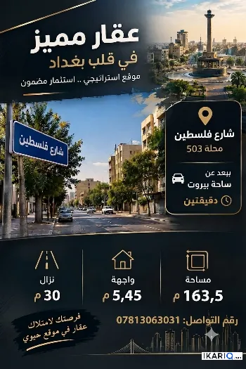أرض للبيع في شارع فلسطين - 165 م² / 730,000,000 IQD