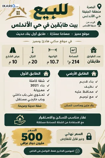 دار للبيع في الجنينة - 214 م² / 500,000,000 IQD